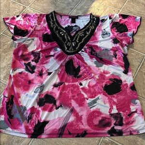 Lane Bryant Pink and Black Graphic Blouse with Cap Sleeves